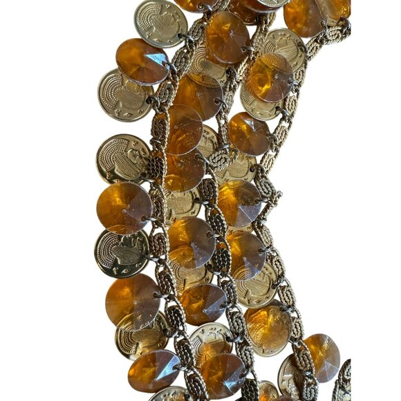 Vintage Signed HOBE Rare Egyptian Bib Necklace Lucite Yellow Beads & Gold Coins - Picture 4 of 6